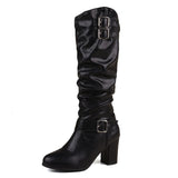 thanksgiving outfit Joskaa Female Knee Boots Round Toe Chunky Heels 7.5cm Size 50 51 52 Pleated Vintage Daily Bota