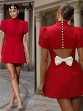 Joskaa Elegant Bow Hollow Out Mini Dress Women Slim Half High Collar Puff Sleeve Backless Female Dresses 2024 Summer Lady Party Robes