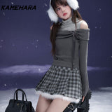 Joskaa Japanese Kawaii Pure Desire One Shoulder Fake Two-piece Knitted Top Spicy Girl Pleated Skirt Set Harajuku Y2K Clothing