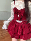 Joskaa Women Rave Birthday 2000s Shoujo Girl Korean Fashion Outfits 3 Piece Set Long Sleeve Lace Tops + Red Velvet Cami Dress + Shorts