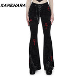 Joskaa American High Street Dark Gothic Cross Embroidered Bell Bottom Pants for Women's Outfit High Waisted Slimming Y2k Pants