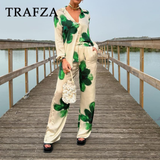 thanksgiving outfit Joskaa 2024 Spring Summer Casual Women Print Suits Fashion Streetwear Turndown Collar Loose Shirts+High Waist Wide leg pants