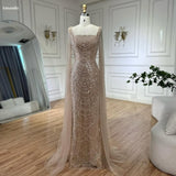 Joskaa Customized Champagne Beaded Square Collar robes de soirée Long Sleeves A-line Party Dresses Floor-Length Prom Dress 2024-(PRE-ORDER)