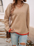 christmas outfit Joskaa Long Sleeves Loose Contrast Color V-Neck Pullovers Sweater Tops