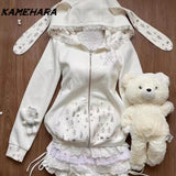 Joskaa Sweet Girl Cute Hooded Ear Set Lace Up Hoodie Jacket Fashionable High Waisted Cake Skirt Spring Autumn Y2k 2 Piece Set