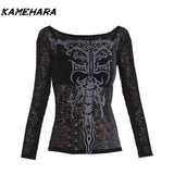 Joskaa American Retro Star Printed Long Sleeve T-shirt Autumn Winter Design Sense Y2k Subculture Knitted Base Shirt Corset Top