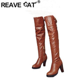 thanksgiving outfit Joskaa Over-Knee High Boots Round Toe Block Heel TPU Outsole Charm Size 33-45 Mature Red S2675