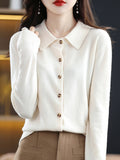 christmas outfit Joskaa Casual Loose Long Sleeves Buttoned Solid Color Lapel Collar Cardigan Tops