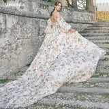 Joskaa Puffy Sleeve فساتين مناسبة رسمية Flower Painting A-line Evening Dress Sweep Tail Prom Dress 2025 Princess Robe De Soirée-(PRE-ORDER)