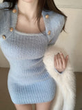 Joskaa 2025 Winter Blue Sexy Slim Bodycon Dress Woman Korean Fashion Elegant Knitted Dress Short Party Y2k Mini Dress Office Lady Chic