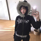 Joskaa Y2K Long Sleeve Plush Jackets Coat Chic Rhinestones Graphics Women Zip Hoodies Vintage Rock Punk Loose Casual Fashion Sweatshirt