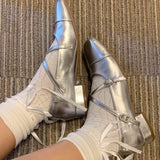 Joskaa Spring Square Toe Ballet Shoes Fashion Low Heel Mary Jane Shoes Casaul Silver Cross Buckle Shallow Soft Sole Shoes