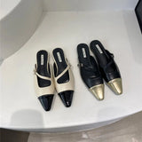 Joskaa Pointed Toe Women Slippers Mixed Solor Color Flat Heels Shallow Slip On Casual Slides Mules Shoes Black Beige Green Slippers