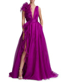 Joskaa Purple V-neck Prom Dress فستان سهرة  Sleeveless Customized Vestido De Novia Organza Prom Gown Hydrangea Ball Party Dress-(PRE-ORDER)