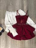 Joskaa Women Rave Birthday 2000s Shoujo Girl Korean Fashion Outfits 3 Piece Set Long Sleeve Lace Tops + Red Velvet Cami Dress + Shorts