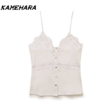 Joskaa Japanese Shibuya Street V-neck Strap Fashion Sexy Solid Color Buckle Lace Ribbed Strap Vest Y2k Tank Top Women 민소ë§?í‹?여성