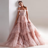 Joskaa Light Pink Ball Gown Evening Dress Sweet Tulle Sweep Train Prom Dress 2025 Off Shoulder Party Dress  فساتين مناسبة رسمية-(PRE-ORDER)