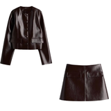 Joskaa Fashion Short Leather Jacket Skirt Set Women O-neck Single Breasted Jackets Sexy Mini Skirts 2024 Autumn Lady Locomotive Outfits