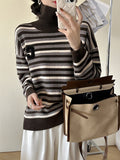 christmas outfit Joskaa Long Sleeves Loose Contrast Color Split-Joint Striped High Neck Pullovers Sweater Tops