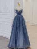 Joskaa Gray blue tulle sequin beads long prom dress, blue evening dress BD  (PRE-ORDER)