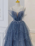 Joskaa Gray blue tulle sequin beads long prom dress, blue evening dress BD  (PRE-ORDER)