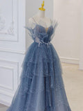 Joskaa Gray blue tulle sequin beads long prom dress, blue evening dress BD  (PRE-ORDER)