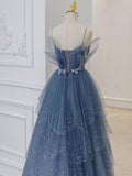 Joskaa Gray blue tulle sequin beads long prom dress, blue evening dress BD  (PRE-ORDER)