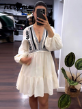 Joskaa Embroidery Printed Patchwork Mini Dress Women V-neck Long Lantern Sleeve Female Patry Dress 2024 Summer Retro Lady Beach Vestido