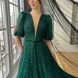 Joskaa Customized Glitter Short Sleeves V Neck robes de soirée A-line Party Dresses Floor-Length Sash Mesh Fabric Prom Dress-(PRE-ORDER)