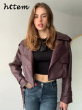 Joskaa Fashion Women's Burgundy Crop Leather Jacket Vintage Lapel Pockets Long Sleeve Coat 2024 Autumn Winter Lady Street Loose Outwear