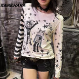 Joskaa Japanese Subculture Millennial Style Y2k Shirt Beige Star Print Striped Patchwork Design Long Sleeve T-shirt Top Female