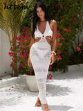 Joskaa Sexy Knit Hollow Out Long Dress Women Slim Halter Sleeveless Backless Beach Dresses 2024 Summer Lady Lace Up See Through Robes