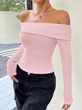 christmas outfit Joskaa Long Sleeves Skinny Pleated Solid Color Split-Joint Off-The-Shoulder Sweater Tops