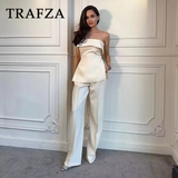 thanksgiving outfit Joskaa 2024 Spring Summer Women Elegant Solid Suit Fashion Casual Strapless Sleeveless Slim Short Tops+High Waist Zipper Pants