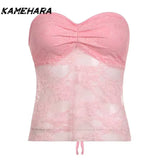 Joskaa Solid Backless Bandage Corset Top Sweet Lace Stitched Strapless Tube Tops Women Sexy Club Party Tee Y2k Camis 민소ë§?í‹?여성