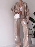 thanksgiving outfit Joskaa Sequined 2 Piece Sets For Women Print Zipper Long Sleeve Coat Suit Female Loose Pant Set 2024 Spring Fashion Casual Lady Outfits