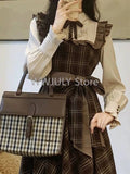 Joskaa Autumn Winter Fake Two Piece Spliced Long Sleeve Plaid Dress Women Waist Slimming Sweet Girl College Style A-line Dresses