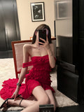 Joskaa 2025 Summer Chiffon Irregular Red Split Dress Sexy Sleeveless Fashion Even Party Dress Wedding French Elegant Slim Dress Woman