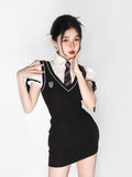 Joskaa Korean Preppy Style Dress Women Y2k Sweet Spicy Fashion Fake Two-piece Set Bubble Sleeves Polo Collar Mini Dress Autumn Summer