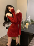 Joskaa 2025 Winter Knitted Sweater Dress Hooded Women Slim Bodycon Y2k Mini Dress Faux Fur Female One Piece Dress Korean Elegant