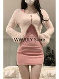 Joskaa Autumn Sexy Strap Y2k Mini Dress Sets Women Pink Sweet Sweater Tops Elegant Bodycon Slim 2 Piece Skirt Dress Korean Fashion 2025