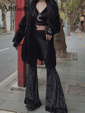 Joskaa Harajuku Punk Gothic Flare Pants Women Grunge Street Vintage Mall Goth Lace Patchwork Hollow Out Dark Black Velvet Pants