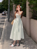 Joskaa French Vintage Backless Midi Dress Women Sweet Lace Bow Design Slim Strap Dress 2025 Summer Elegant Retro Evening Party Dress