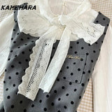 Joskaa Spring Autumn Wave Dot Dress Korean Version Bow Tie Up Shirt Women's Small Fragrant Style Mini Skirt Chic 2 Piece Sets