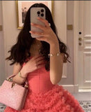 Joskaa Pink Tulle Tiered Ruffle Pleats Prom Dress Floor-length فساتين مناسبة حسب الطلب Elegant Sleeveless vestidos de festa 2025-(PRE-ORDER)