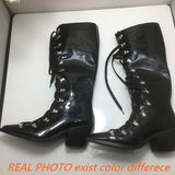 thanksgiving outfit Joskaa Patent Leather Women Knee High Boots Pointed Toe Chunky Heel 6.5cm Lace Up Decor Size 44 45 46 Booties