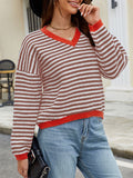 christmas outfit Joskaa Long Sleeves Loose Contrast Color Jacquard Striped V-Neck Pullovers Sweater Tops