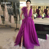 Joskaa Purple V-neck Prom Dress فستان سهرة  Sleeveless Customized Vestido De Novia Organza Prom Gown Hydrangea Ball Party Dress-(PRE-ORDER)