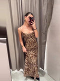 Joskaa Leopard Print Mesh Sling Dress Women Sexy Backless Sleeveless Hip Package Female Dresses 2024 Summer Lady Evening Party Robes