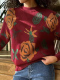 christmas outfit Joskaa Long Sleeves Loose Flower Print Round-Neck Pullovers Sweater Tops